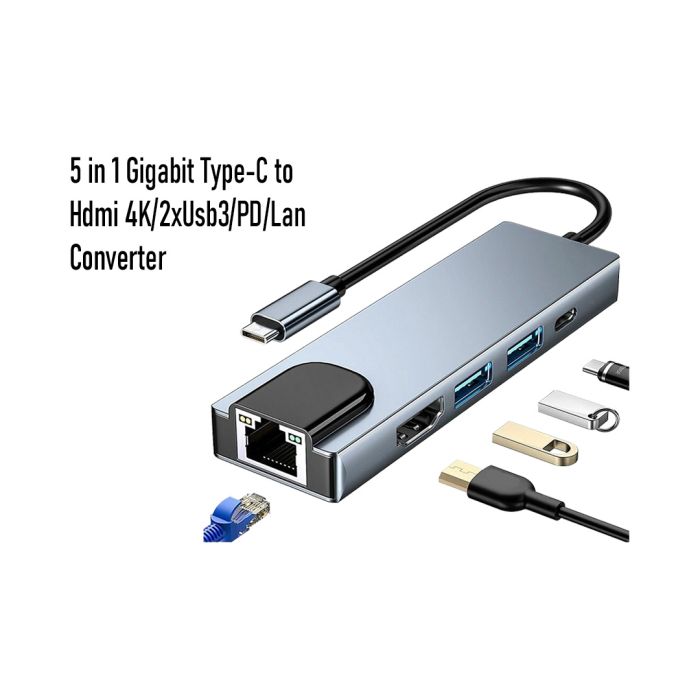 Konvertor "5 in 1 Gigabit Type-C to Hdmi 4K / 2xUsb3.0 / PD / Lan"