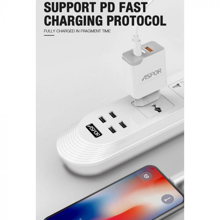 Aspor A826 PD+ QC Fast Iphone Home Charger With Light