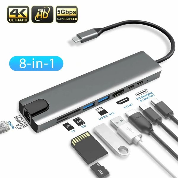 Konvertor "8 in 1 Gigabit Type-C to Hdmi 4K / Type-C / Usb3.0 /Sd-MicroSD/RJ45"