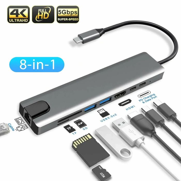 Konvertor "8 in 1 Gigabit Type-C to Hdmi 4K / Type-C / Usb3.0 /Sd-MicroSD/RJ45"